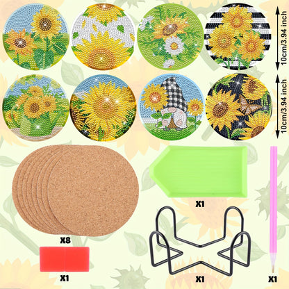 8pcs/set Artificial Diamond Painting Coasters - Sunflower Pattern Decor With Shelves - Perfect Home Decor!