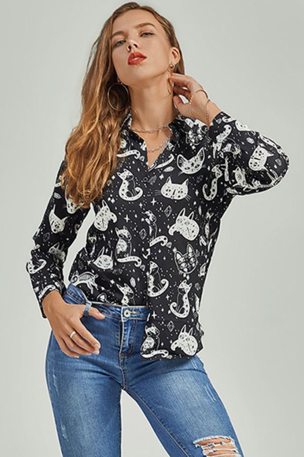 Chemise boutonnée à imprimé chat