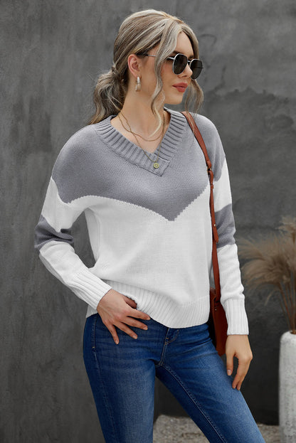 Chevron Color Block V-Neck Dropped Shoulder Sweater