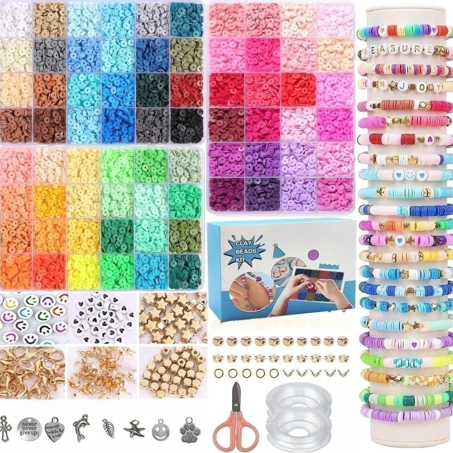 5100/7000/8600/9500 Pcs Clay Beads For Bracelet Making Kit, Preppy Spacer Flat Beads Polymer With Charms And Elastic Strings Gifts For Teen Girls Crafts DIY Craft For Girls,Children's Day Gift Set