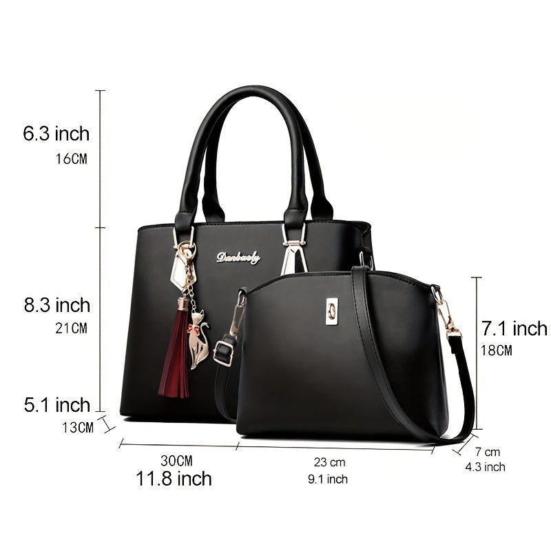 Women's 2-Piece PU Leather Bag Set - Tassel Decor Handbag & Crossbody Purse for Work & Office