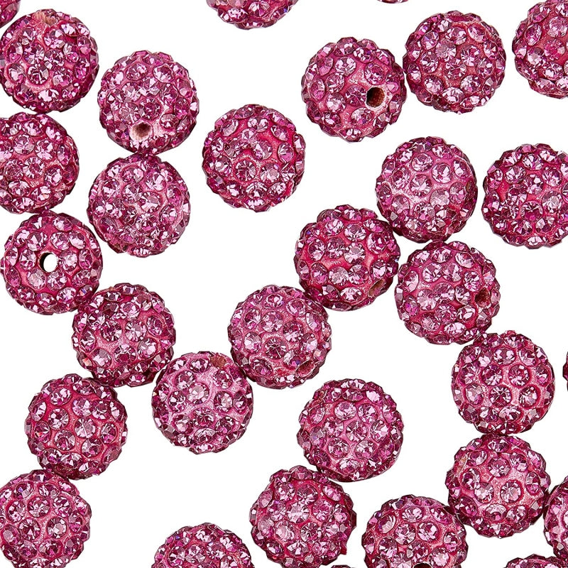 100pcs 10mm Fuchsia Rhinestone Pave Disco Ball Clay Beads, Polymer Clay Rhinestone Beads Round Charms Crystal Beads