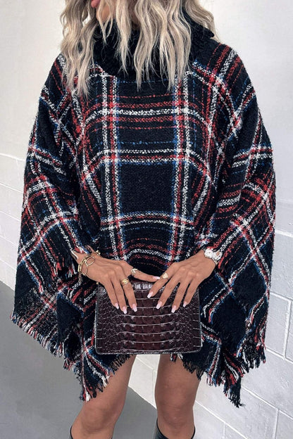 Plaid Turtleneck Fringe Hem Poncho