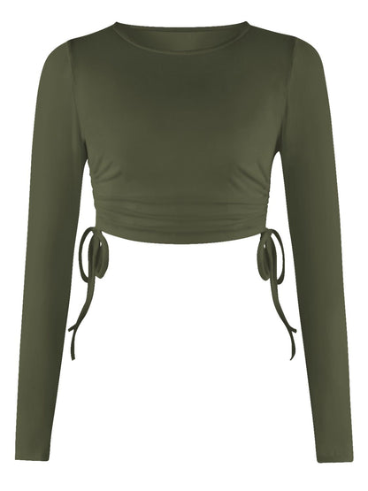 Drawstring Round Neck Long Sleeve Top