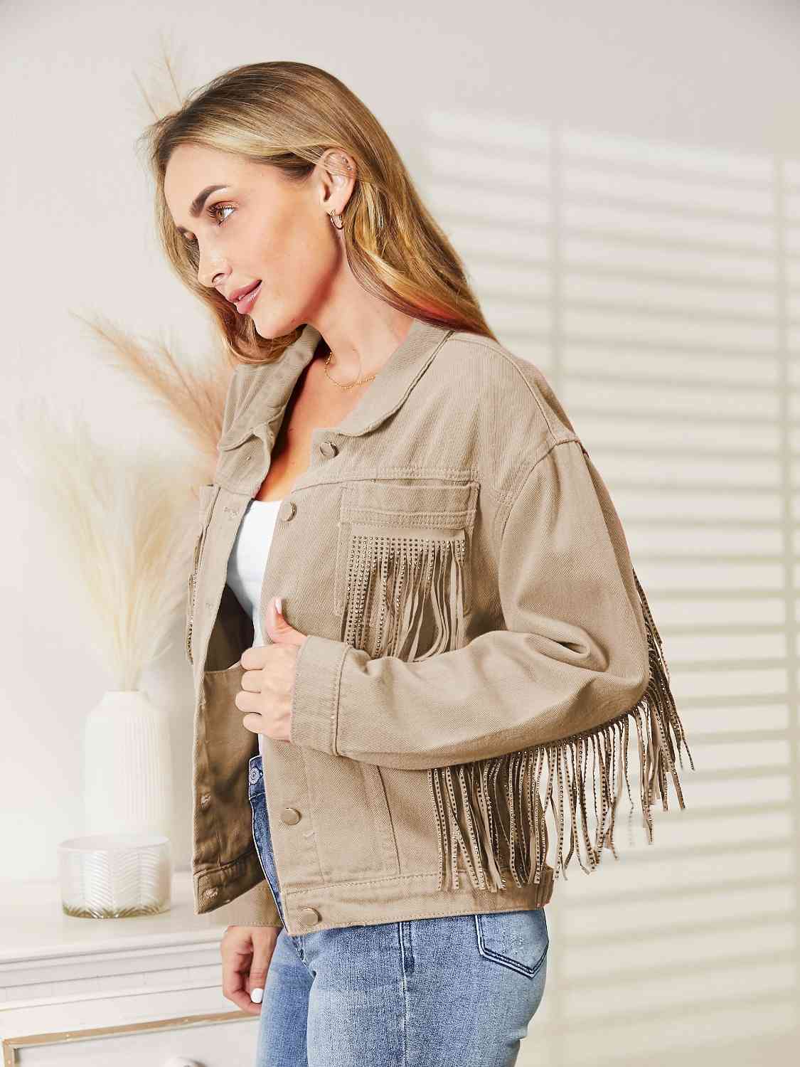 Fringe Detail Dropped Shoulder Denim Jacket