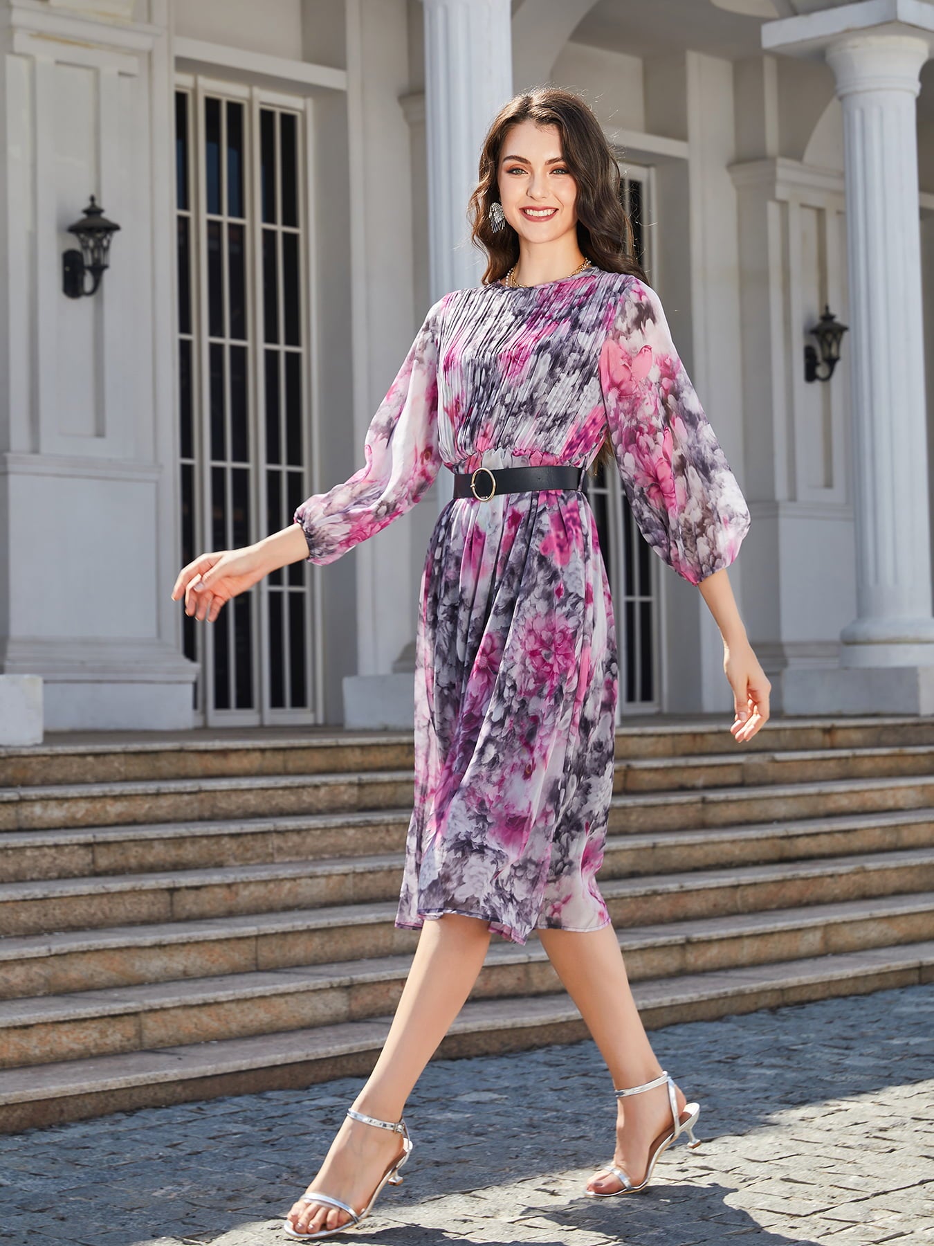 Floral Print Round Neck Balloon Sleeve Midi Dress