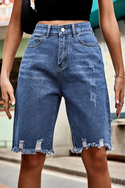 Short en jean taille haute à ourlet brut avec poches