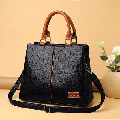 Women's Trendy Faux Leather Shoulder Bag - Letter Embossed Handbag with Double Handle - 8.4*8.6*3.5 Inch