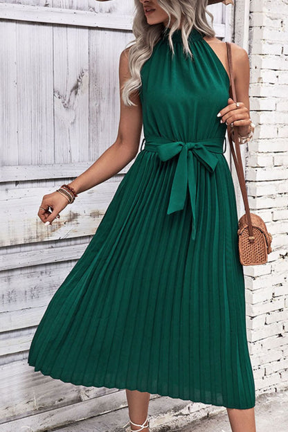 Tie Belt Pleated Midi Dress