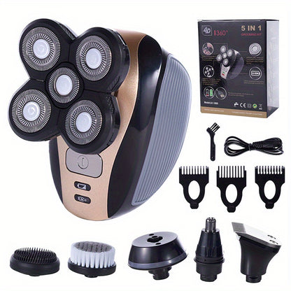 5-in-1 Electric Shaver for Men: Bald Head Polish, Hair Clipper, Trimmer, Floating 5 Blade Heads & Rechargeable Razors!