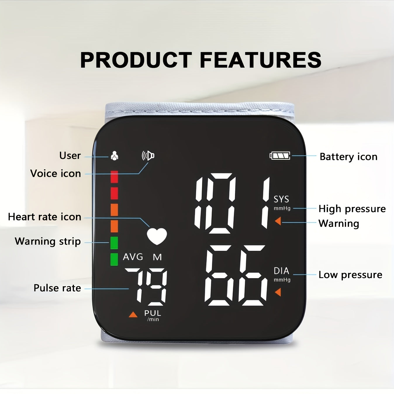 1pc Digital Wrist Blood Pressure Monitor with Irregular Heart Beat Detection - Large Display & Adjustable Cuff - Battery Not Included