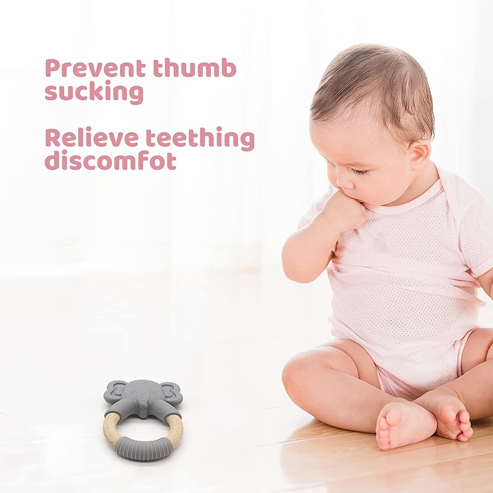 1pc Silicone Baby Teether Toy: Natural Beech Wood Handle, Soothe Babies' Sore Gums, Elephant Chew Toys For Infant Boys & Girls