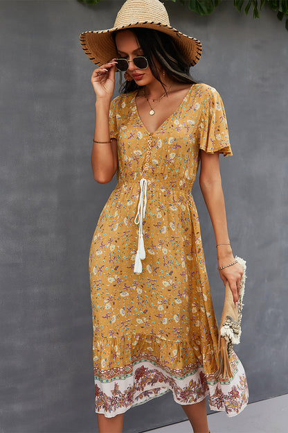 Bohemian V-Neck Flutter Sleeve Dress