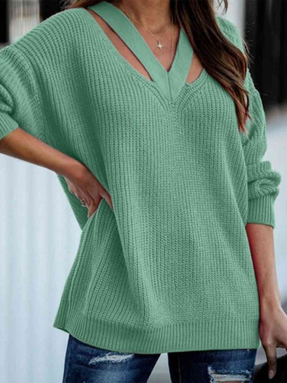 Full Size Cutout V-Neck Rib-Knit Sweater