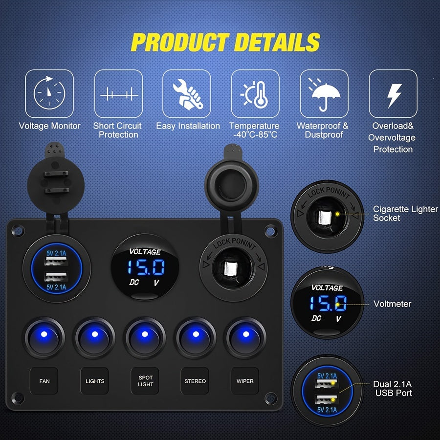 Valesun 5B+3 Gang Multi-Function 5 Gang Rocker Dual USB Charger + Digital Volmeter +12V Outlet Pre-Wired Switch Panel With Circuit Breakers For RV