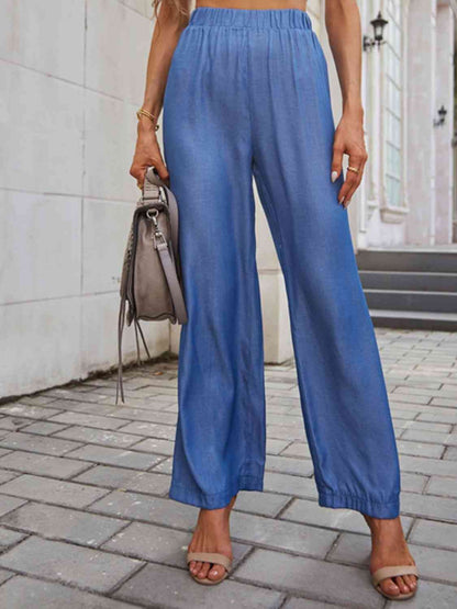 Pantalon droit long taille smockée