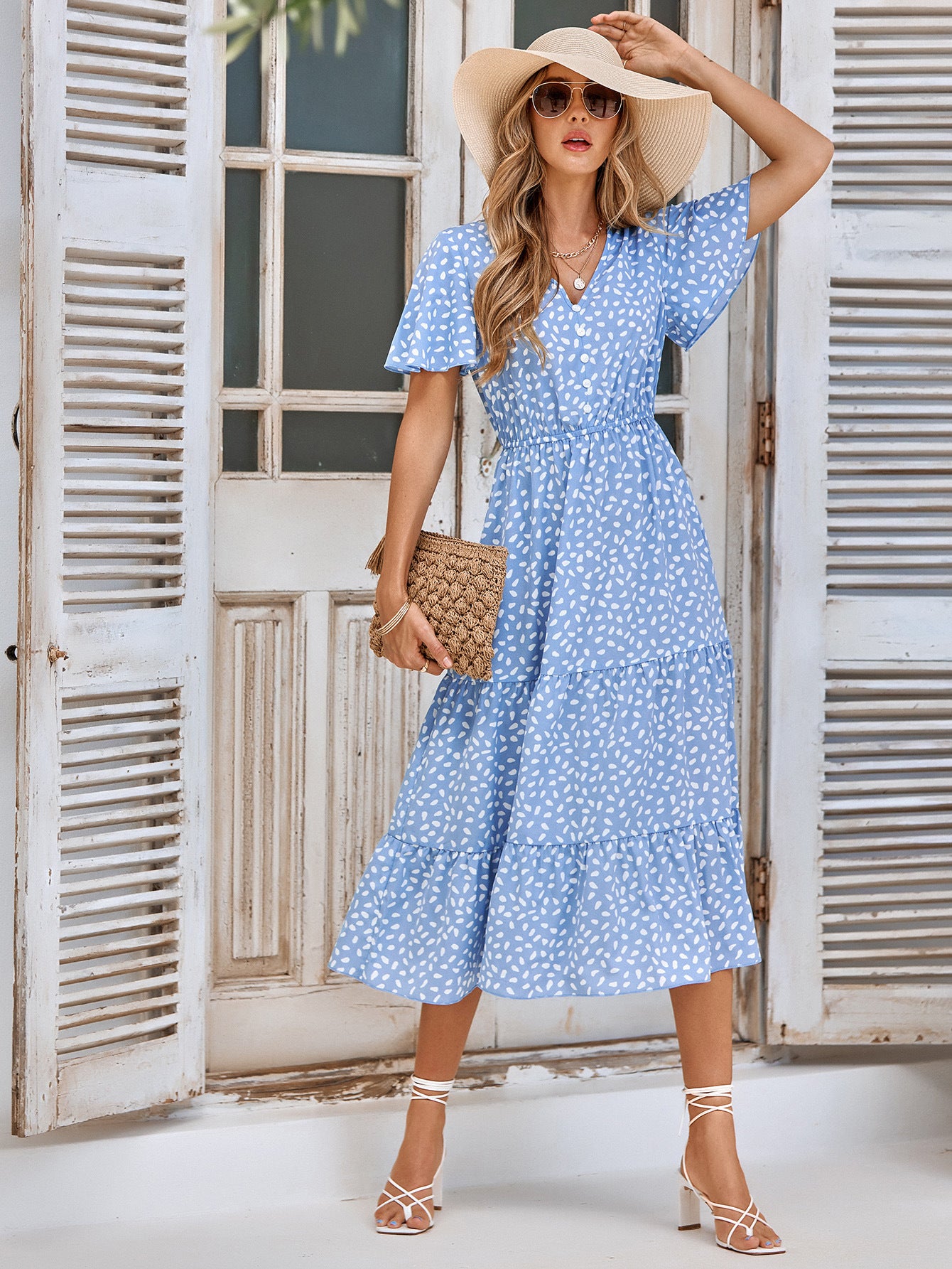 Printed Flutter Sleeve Tiered Dress