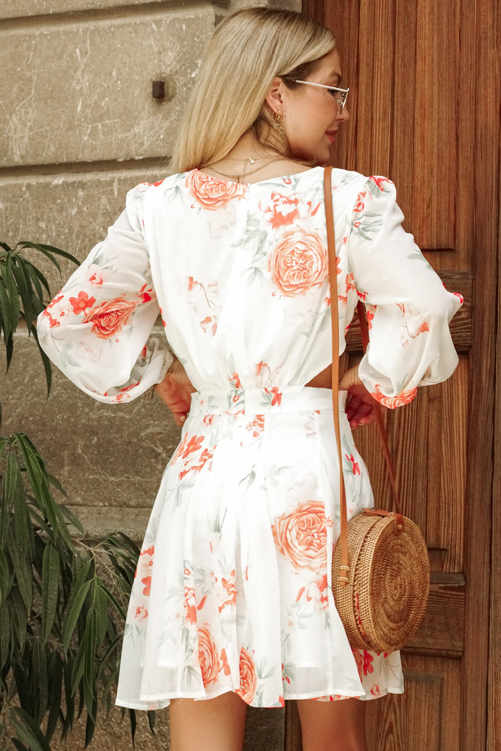 Floral Cutout Long Sleeve V-Neck Dress