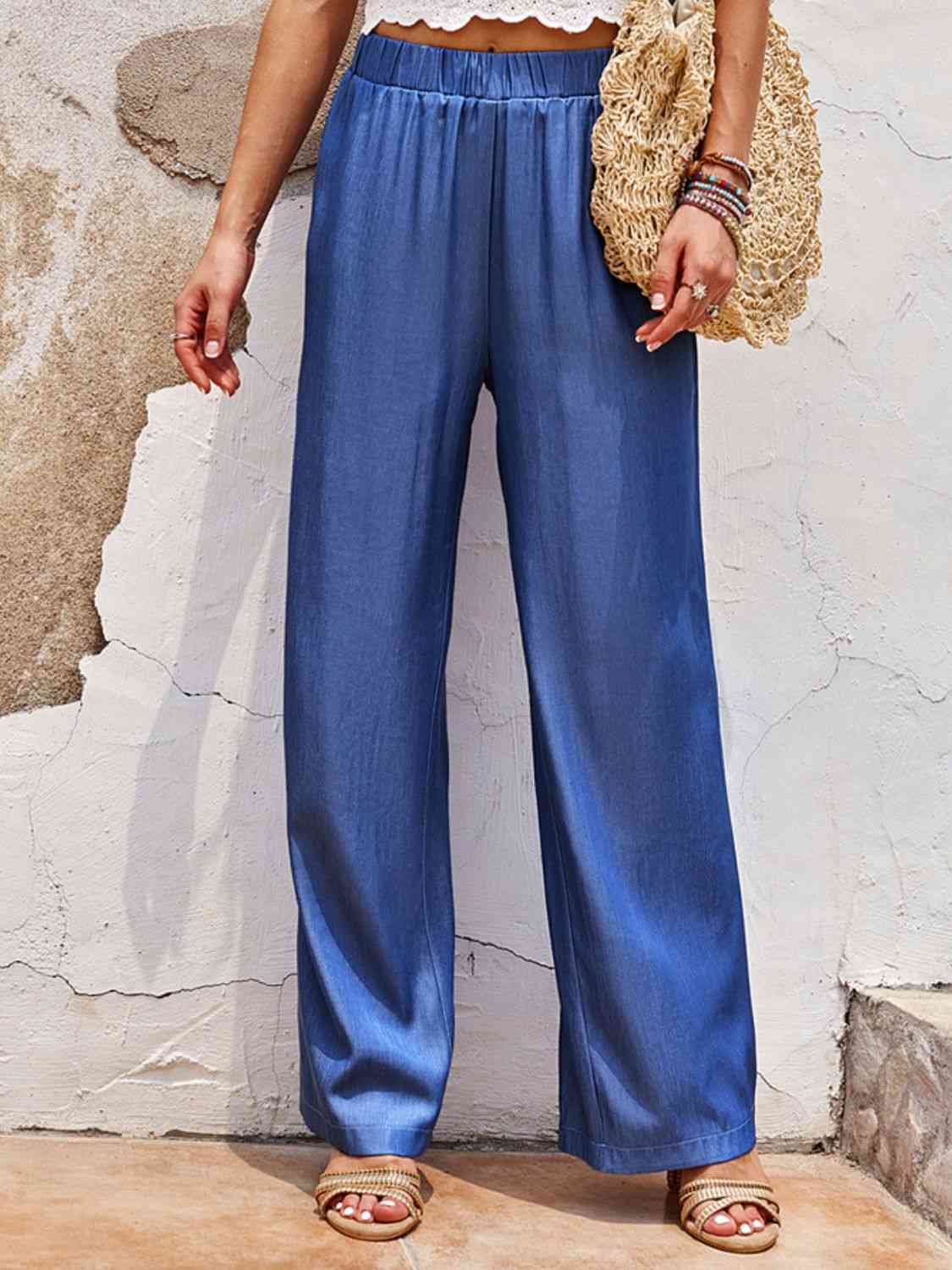 Pantalon droit long taille smockée