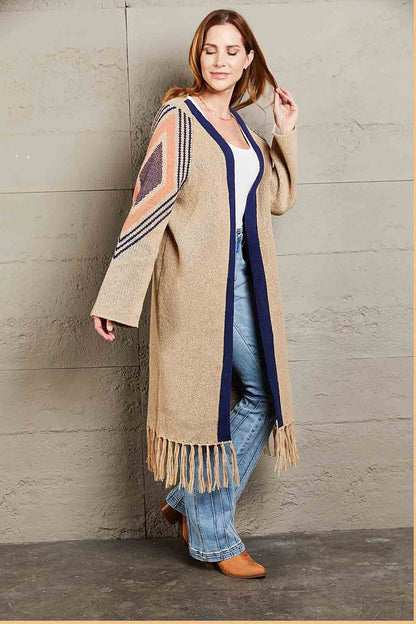 Double Take Geometric Fringe Hem Open Front Duster Cardigan