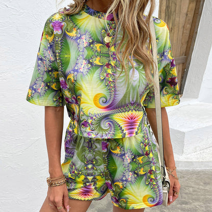 Printed Round Neck Dropped Shoulder Half Sleeve Top and Shorts Set