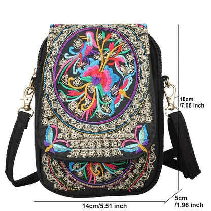 Stylish Women's Embroidered Crossbody Phone Bag with Zipper - Small Canvas Shoulder Bag for Everyday Use