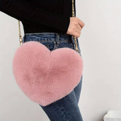 Valentine's Day Perfect: Heart-Shaped Fluffy Shoulder Bag with Chain Crossbody & Cute Zipper Purse