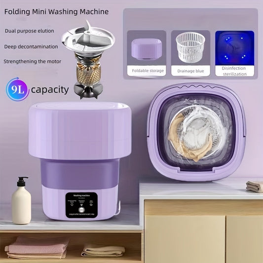 9L Foldable Mini Washing Machine - A Fully Automatic Portable Small Washer for Underwear, Socks, Baby & Toddler Clothes - 9L Large Capacity!