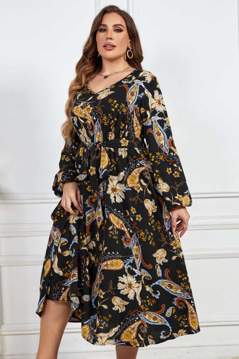 Melo Apparel Plus Size Floral Print Tie Belt Balloon Sleeve Midi Dress