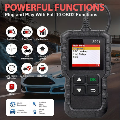 3001 OBD2 Scanner, Engine Fault Code Reader Mode 6 CAN Diagnostic Scan Tool For All OBDII Protocol Cars Since 1996