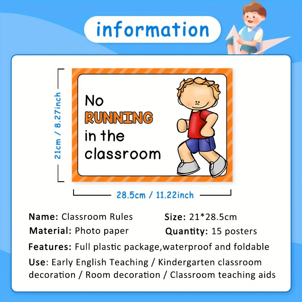 15pcs A4 Classroom Rules Educational Posters For Preschool, Home, Middle And High School Classroom Poster Decoration Big Size 11.69X8.27 Inch