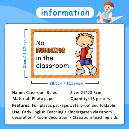 15pcs A4 Classroom Rules Educational Posters For Preschool, Home, Middle And High School Classroom Poster Decoration Big Size 11.69X8.27 Inch