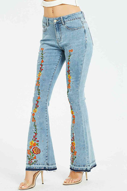 Full Size Flower Embroidery Wide Leg Jeans