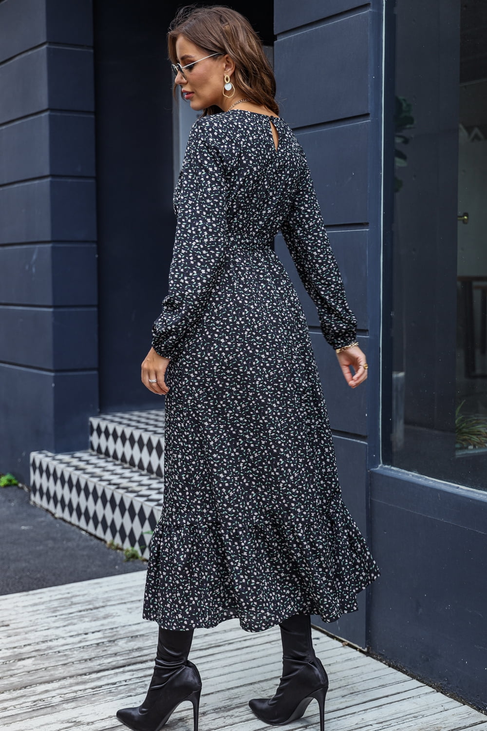 Printed Round Neck Long Sleeve Midi Dress