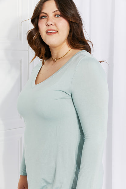 Zenana Full Size V-Neck Curved Hem Top in Light Green