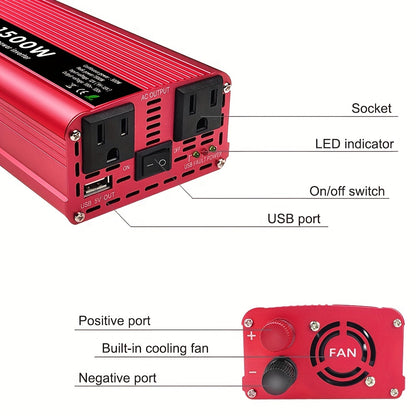 500W/1500W Car Power Inverter - Convert DC 12V to AC 110V/120V with 1 USB Port