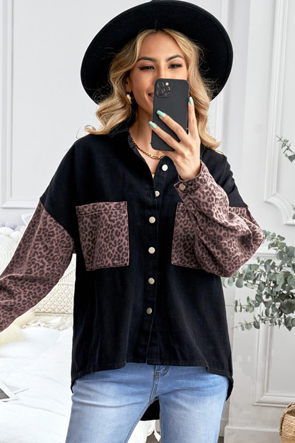 Leopard Contrast Denim Top