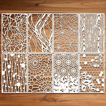 8pcs Reusable Texture Painting Stencils - Spider Net, Wood Grain, Stone, Queen Bee Template - Spray Paint Crafts Stencil for DIY Wood Wall, Canvas, Floor, Furniture - Home Decor