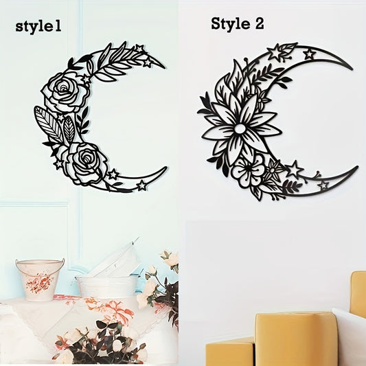 1pc 2 Styles To Choose From Moon Metal Flower Sign Art Decor Black Bohemian Big Flower Moon And Star Wall Sign Half Moon Flower Sculpture, Wall Decoration, Home Crafts, Celebration, Wedding, Creativ