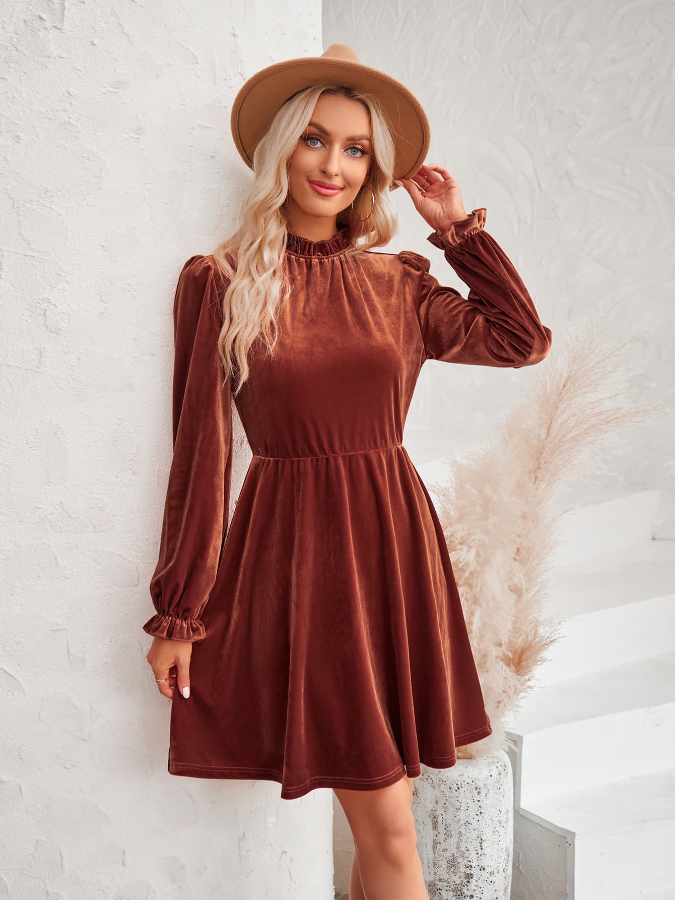 Long Flounce Sleeve A-Line Dress