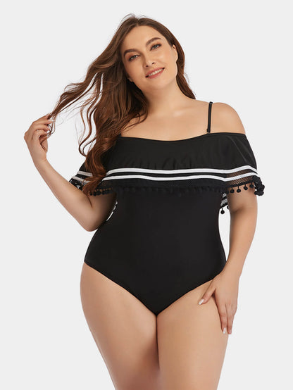 Plus Size Striped Cold-Shoulder One-Piece Swimsuit