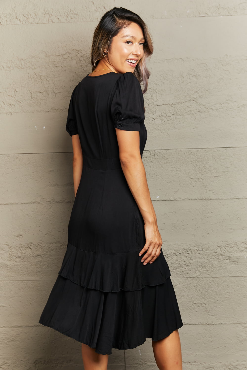 Decorative Button Surplice Ruffle Hem Dress