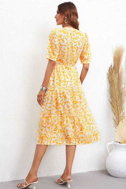 Floral Collared Neck Puff Sleeve Midi Dress