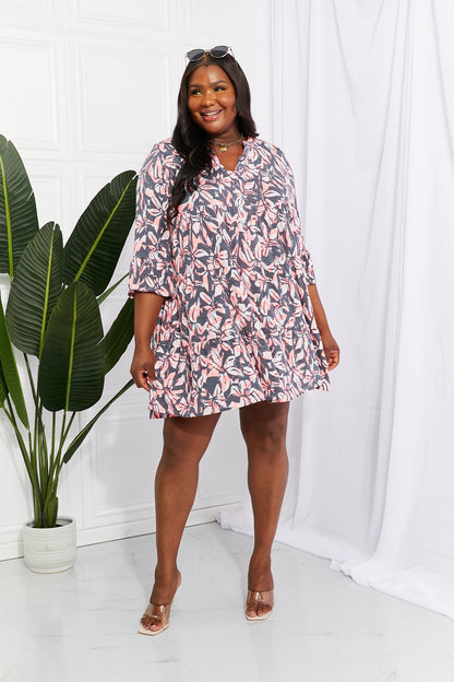 Sew In Love Full Size Floral Notched Neck Three-Quarter Sleeve Mini Dress