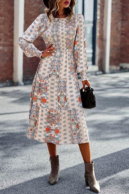 Smocked Round Neck Lantern Sleeve Midi Dress