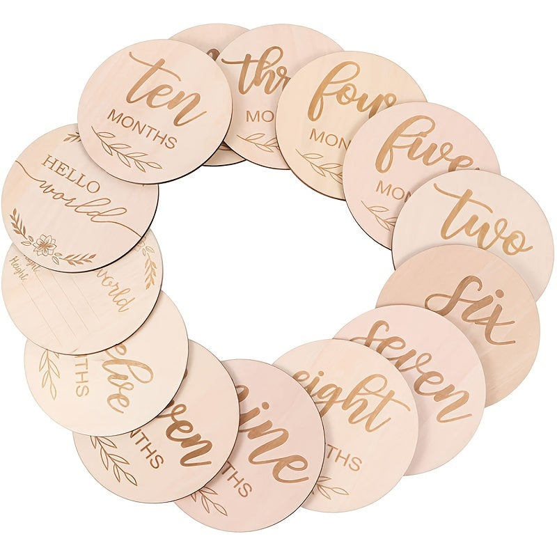 12pcs Wooden Baby Monthly Milestone Cards - Document Your Little One's Growth with Light Wood Photo Discs!