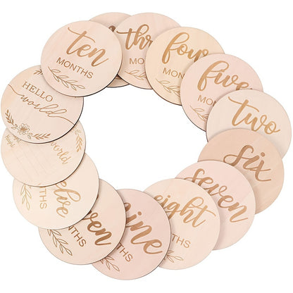 12pcs Wooden Baby Monthly Milestone Cards - Document Your Little One's Growth with Light Wood Photo Discs!