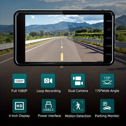 1080p Dual Camera Dash Cam with Waterproof Reverse Camera, 64GB Micro SD Card, 4 Inch Touch Screen, Night Vision, Motion Detection, Parking Surveillance, Loop Recording