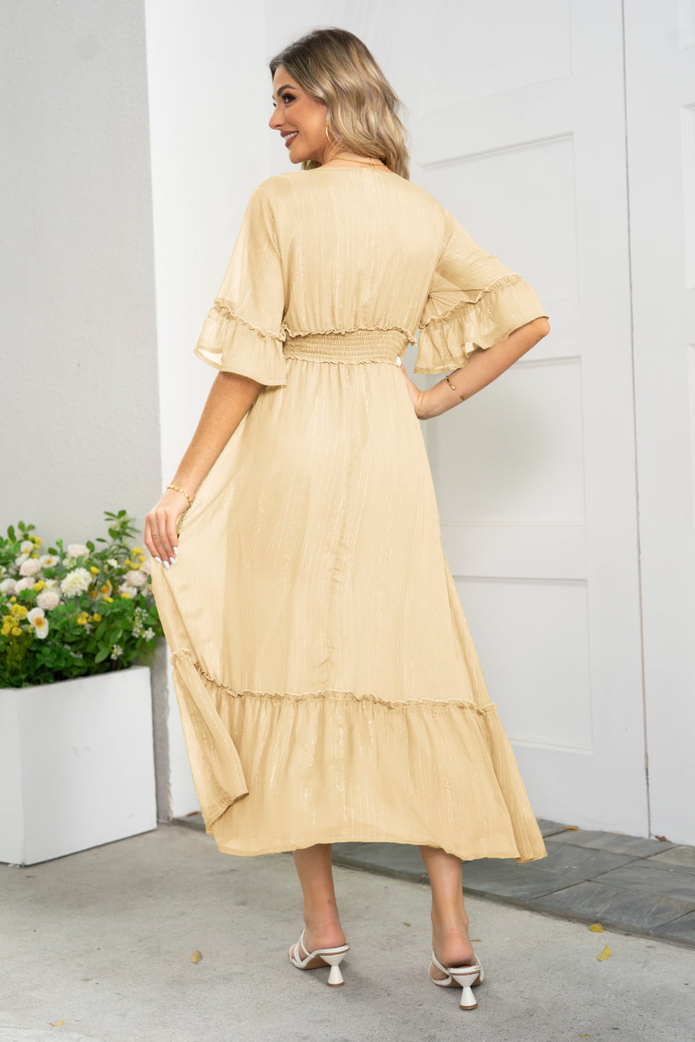 V-Neck Flounce Sleeve Smocked Waist High Slit Dress