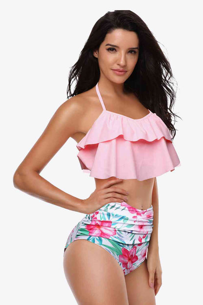 Two-Tone Ruffled Halter Neck Two-Piece Swimsuit